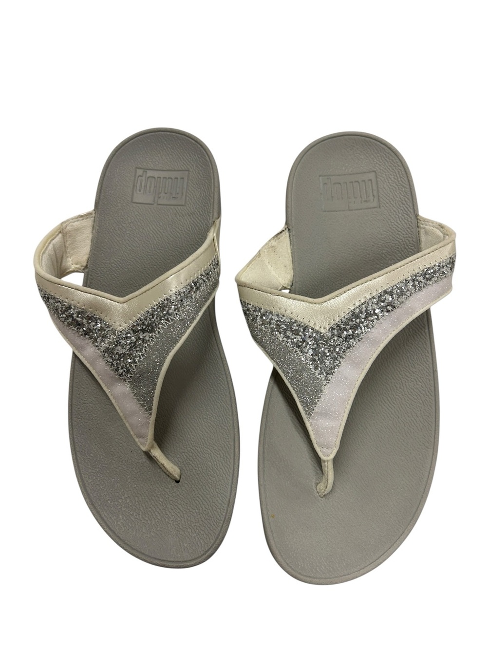 FitFlop White Glitter Wedge Thong Sandals Women’s Size 7 Comfort Flip Flops
